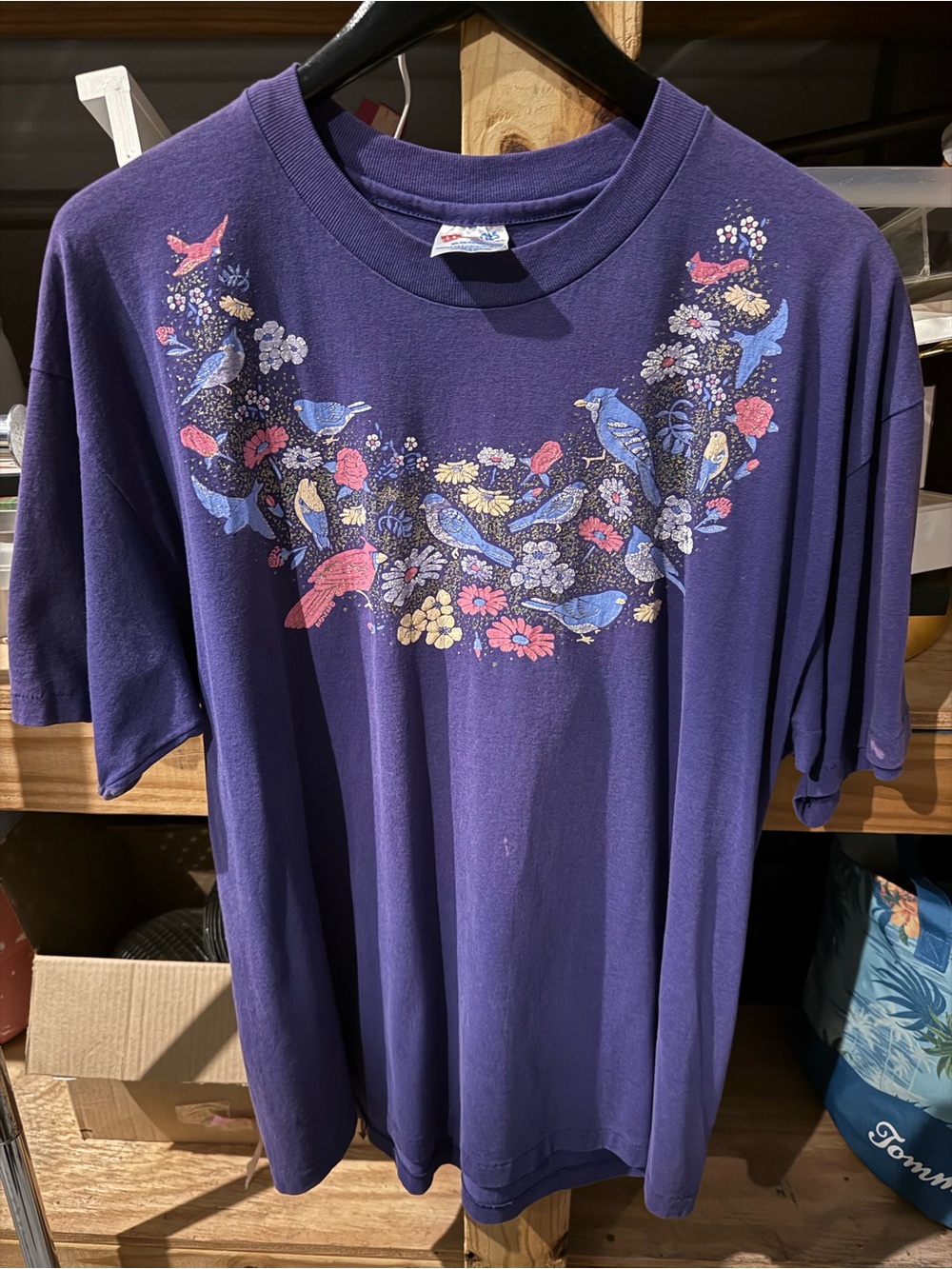 Women's Purple Short Sleeve Tee with Floral Bird Print